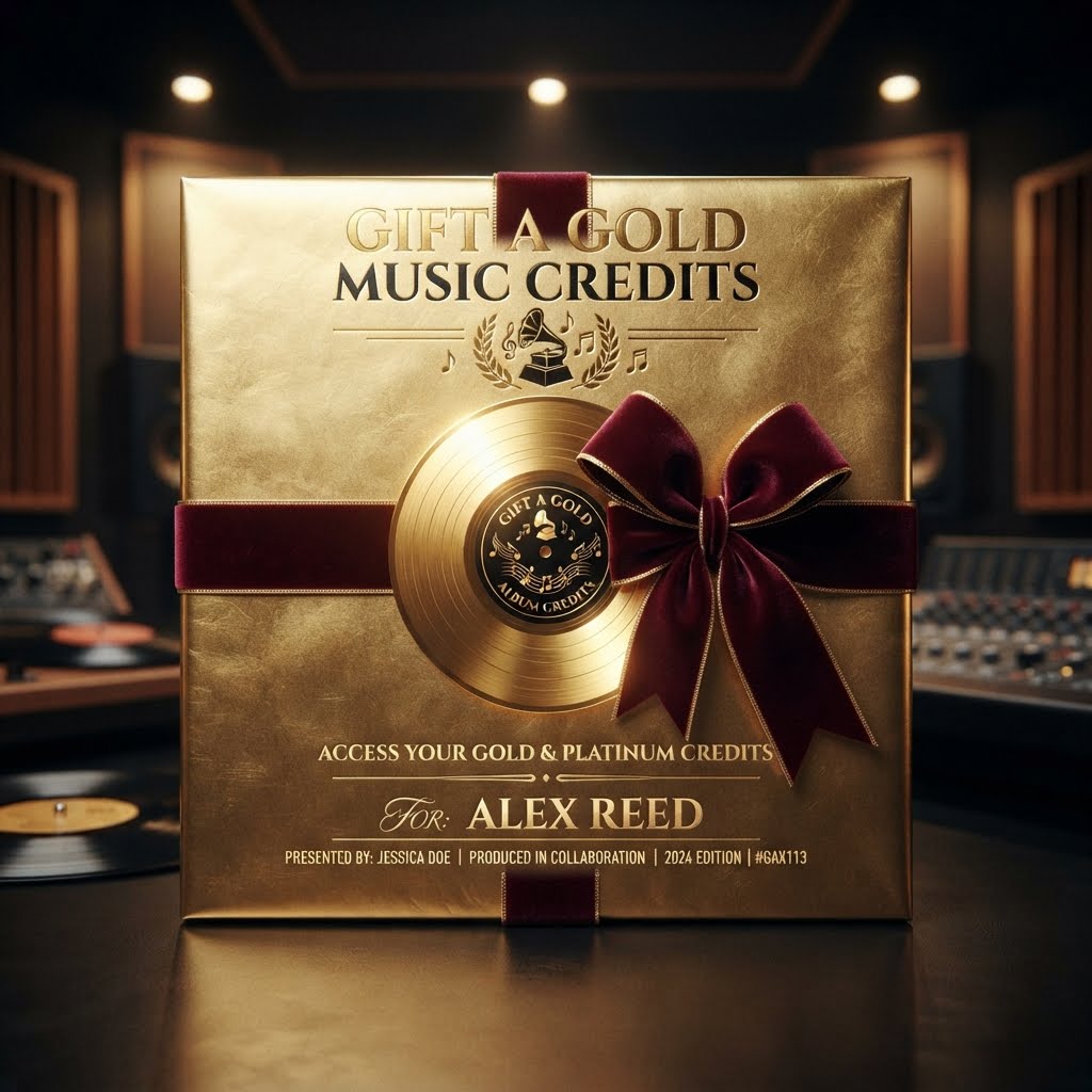 Instamusic music credits album with a spinning gold vinyl record and burgundy ribbon